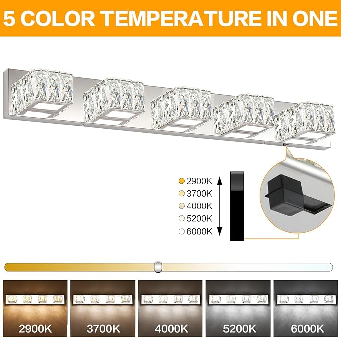 ZUZITO Modern Bathroom Vanity Light - 5 Light LED 5CCT Dimmable Vanity Lighting Fixtures - Crystal Chrome Bathroom Lights Over Mirror