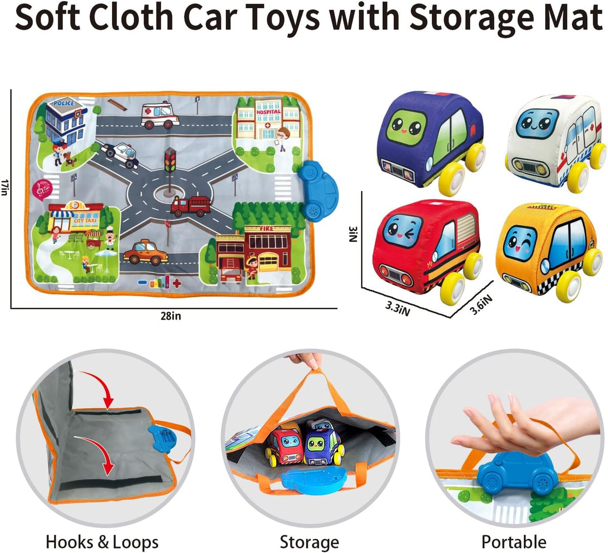 Soft Cars Toys with Voiced Playmat for One Year Old Toddler, Birthday Gifts for Infant 1 to 3 Years Boys and Girls, Musical Mat Easy Storage