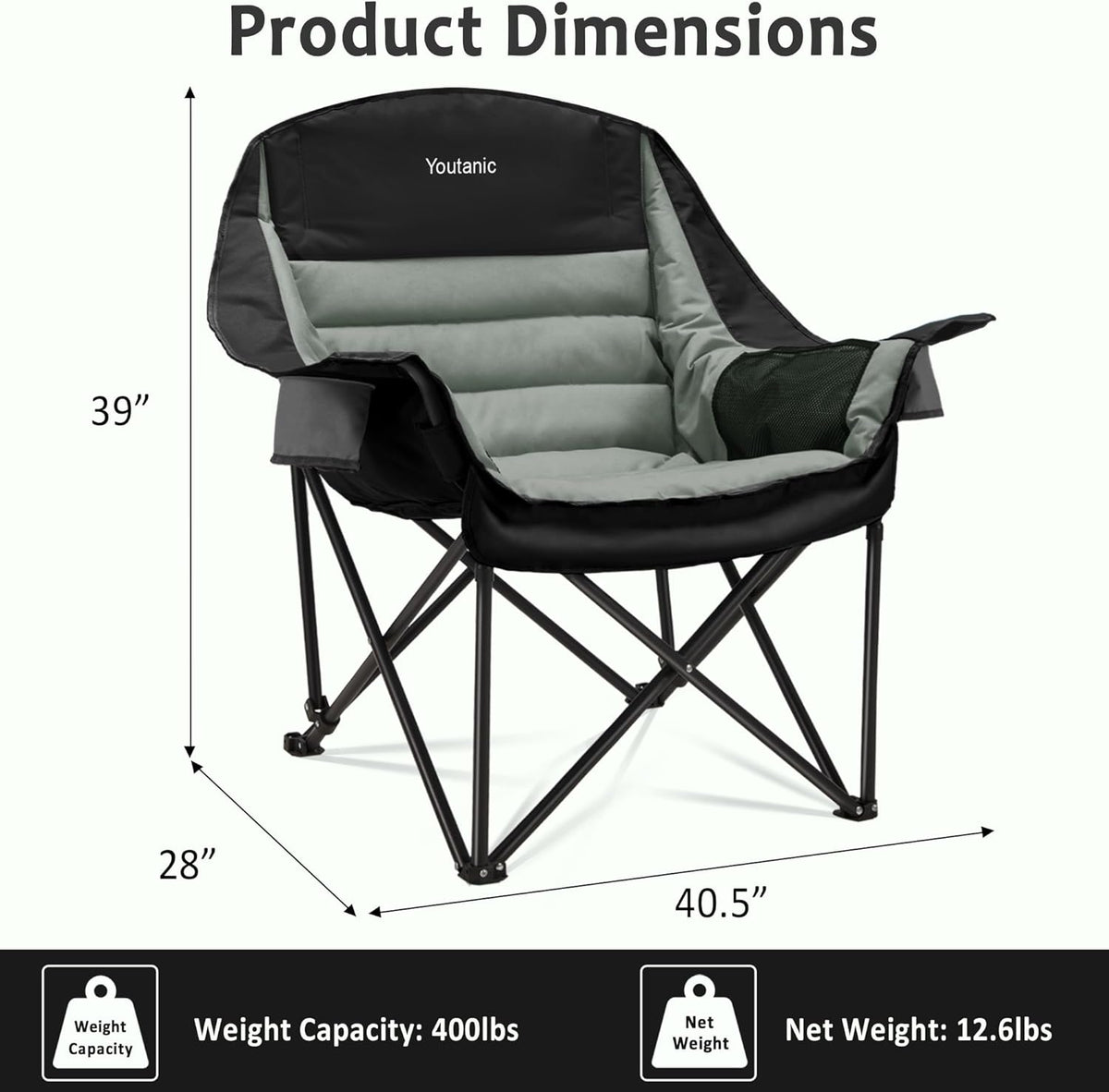 Youtanic Oversized Camping Chair - Portable Folding Design with Cup Holder & Side Pocket | Supports Up to 400lbs