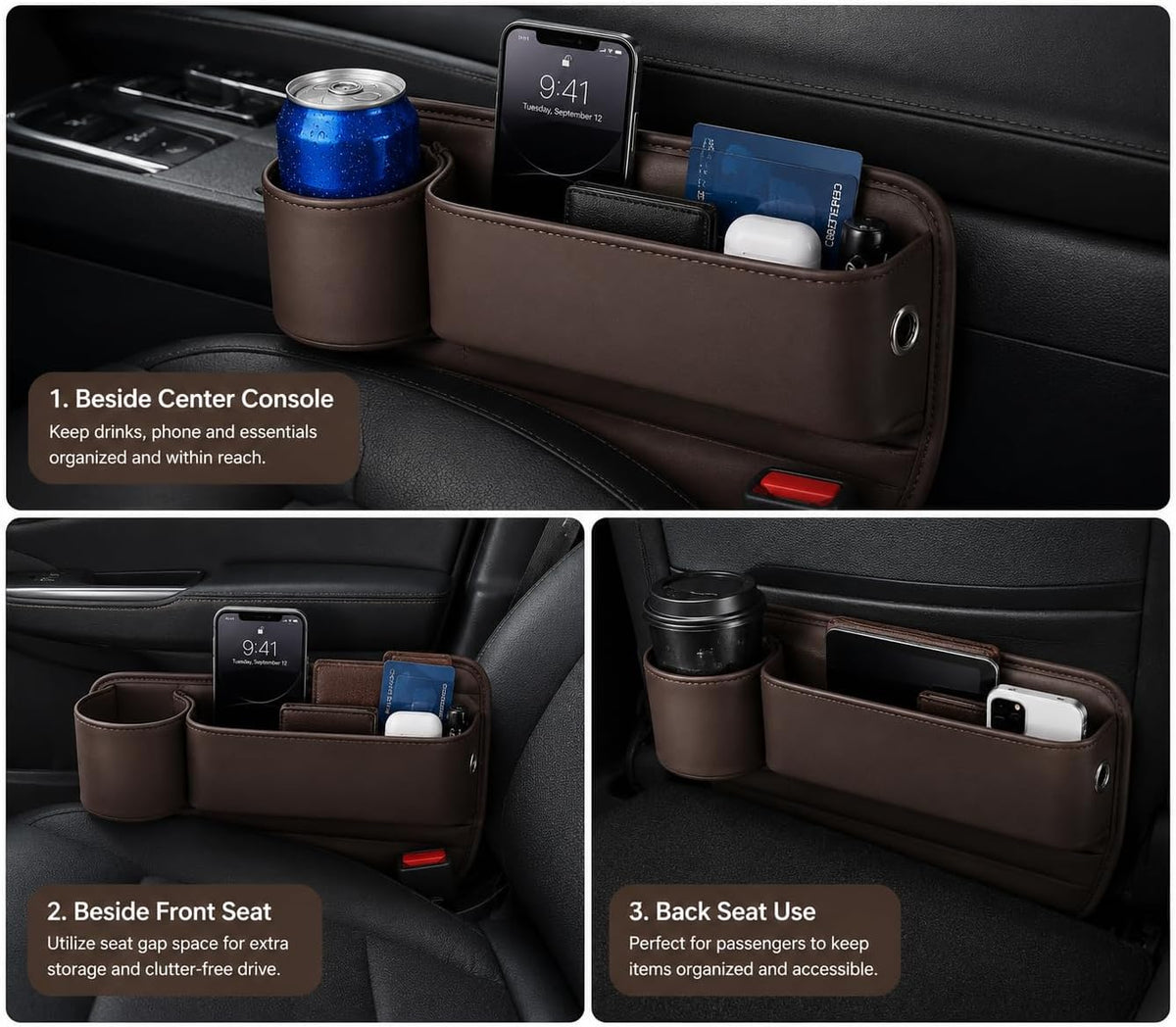 Car Seat Gap Filler Organizer with Cup Holder, Premium Leather Seat Gap Filler, Anti-Drop Car Seat Gap Organizer for Phone, Keys & Wallet, Universal Front Seat Console Organizer for Car, SUV & Truck