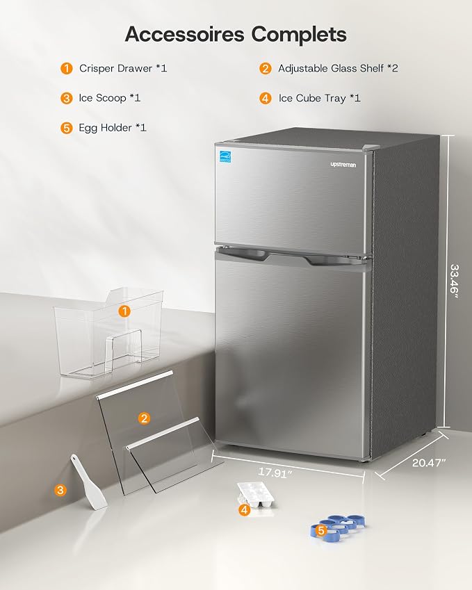 Upstreman 3.1 Cu.Ft Mini Fridge with Freezer, Double Door Small Refrigerator, Adjustable Thermostat, Energy Star Certified Low Noise Mini Refrigerator for Bedroom, Dorm, Apartment Silver-TM31