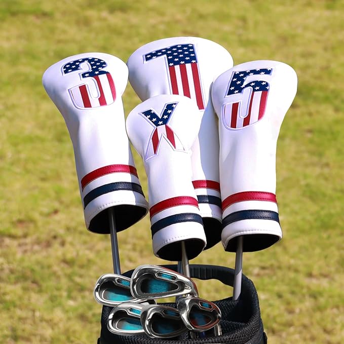 Golf Head Covers, 4pcs or 1pc USA Stars and Stripes Golf Club Covers for Woods and Driver Fairway Hybrid, PU Leather Golf Club Head Covers for Men Women with Interchangeable Tags, Fits Most Golf Clubs