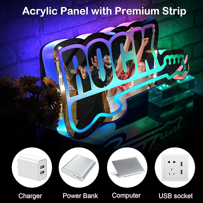 ROCK Neon Sign with Guitar Design Color Changing Mirror LED Wall Light App Control DIY Color Live Music Neon Light Music Party Bar Pub Decor LED Guitar Gift for Kpop Fans Guitar Players