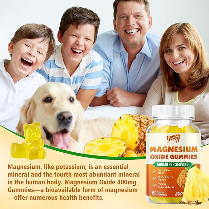 Magnesium Oxide 500mg Gummies for Adults & Kids, Supports Nerve Muscle & Bone Health, Vegan Non-GMO Dietary Supplement with Pineapple Flavor, 60 Gummies