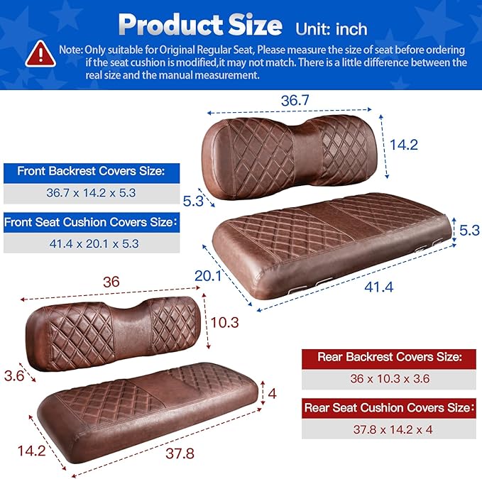 NOKINS 4PCS Golf Cart Seat Covers Kit, Front and Rear Seat Covers Fits YAMAHA/G29/Drive2 Standard Seat Cushion, Yamaha Vinyl Diamond Replacement Seat Covers, No Stapler(Brown Brown 8438)