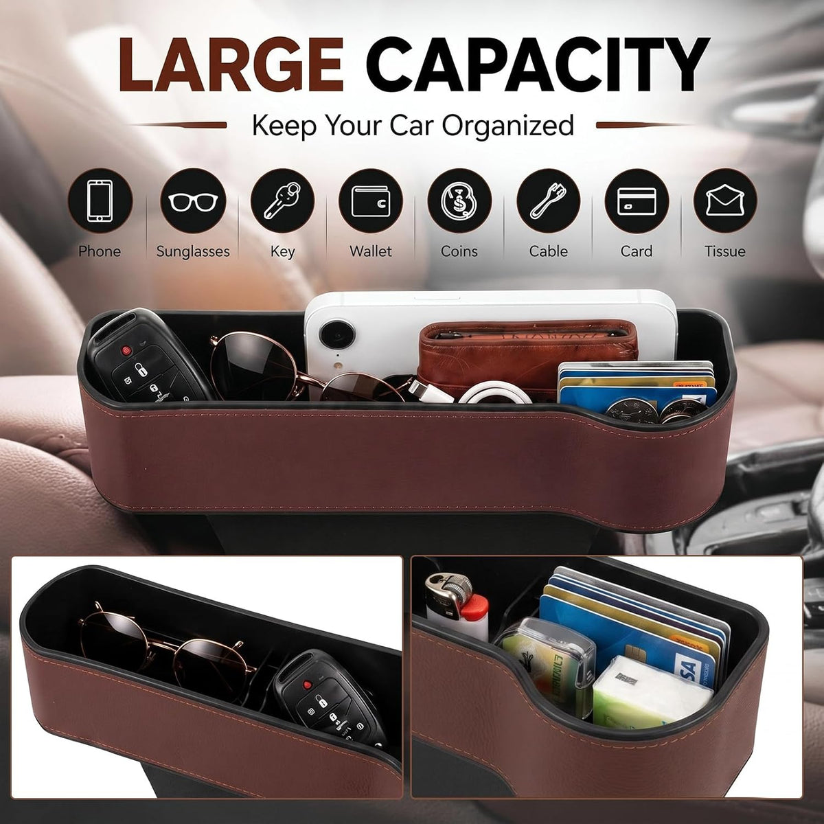 BBTO 2 Pack Car Seat Gap Filler Organizer with Cup Holder, Brown PU Leather