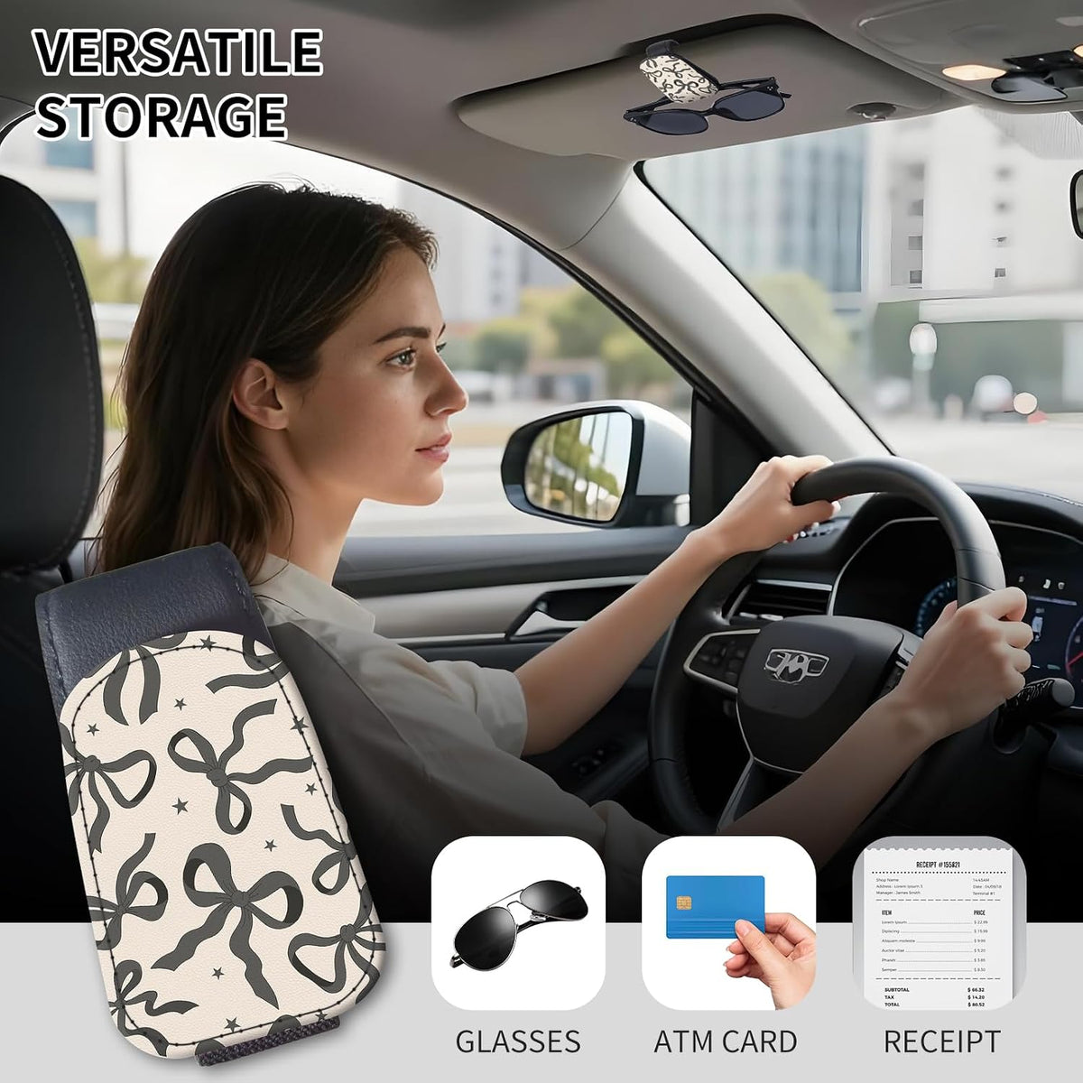 Sunglasses Holder for Car Visor, PU Leather Glasses Clip Organizer, Cute Magnetic Eyeglass Holder for Vehicle Sun Visor, Car Interior Accessory for Women & Men Black Bow Sketch
