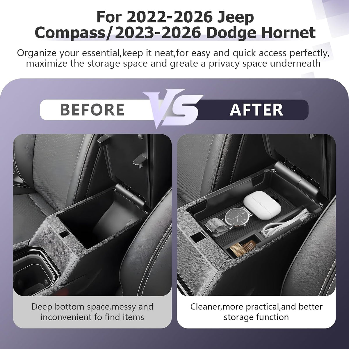 LUWU Center Console Organizer Compatible with Jeep Compass 2021-2026/Dodge Hornet 2023-2026 Accessories Armrest Console Storage Box Insert Tray ABS Material Coin Container Black
