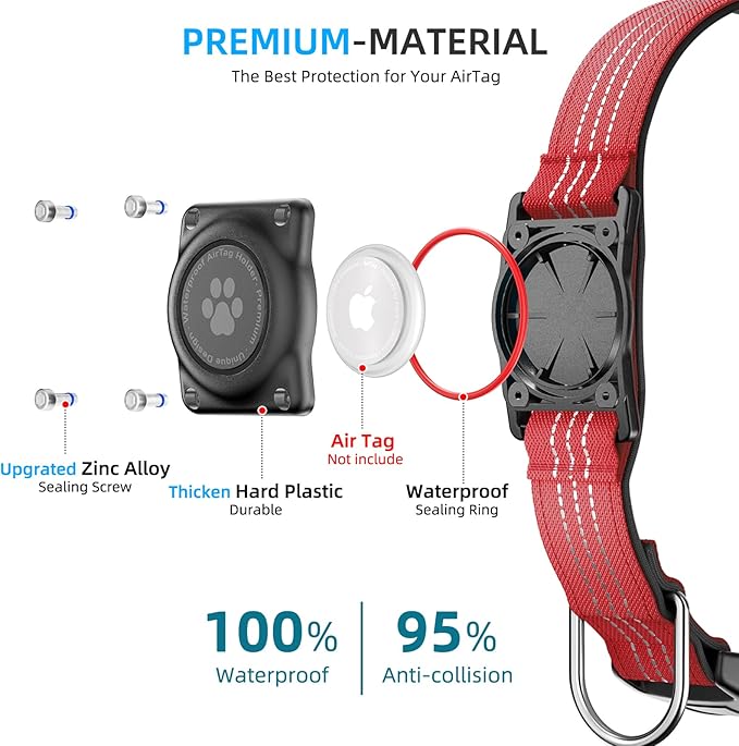 Upgraded AirTag Dog Collar, IP68 Waterproof Air Tag Dog Collar Holder, Reflective, Ultra-Durable, Comfortable Padded, Heavy Duty Dog Collars for Small Medium Large Dogs (S (10.6"-13.6"), Red)