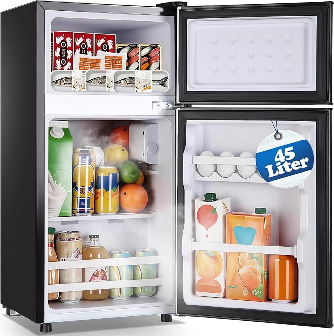 Mini Fridge with Separate Freezer Compartment Double Door Small Refrigerator with 7 Adjustable Temp Control Ideal for One Person Use & Dorm Apartment Office Black