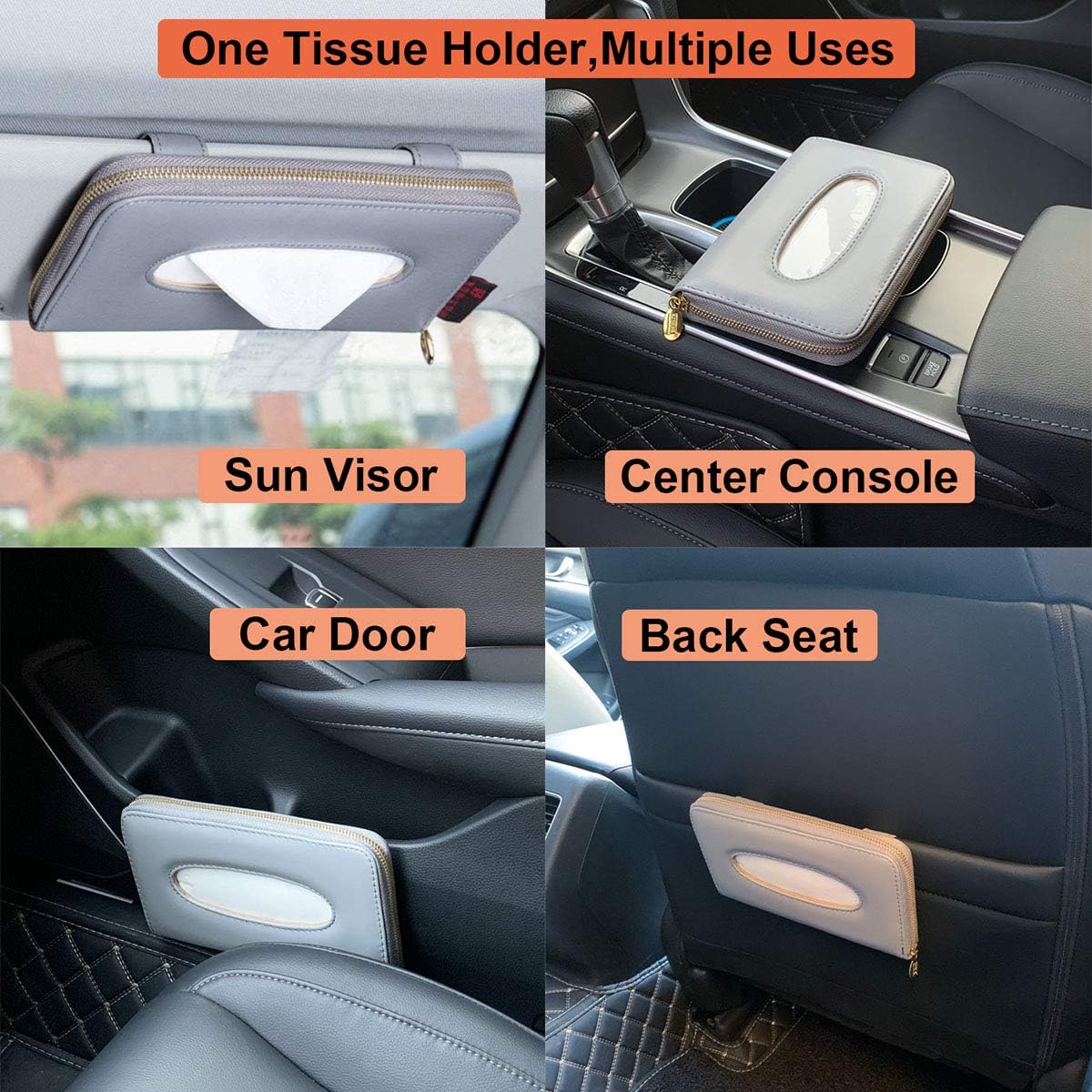 Car Tissue Holder, Sun Visor Tissue Holder, Car Visor Napkin Holder, PU Leather Backseat Tissue Case Holder for Auto Vehicle with Zipper (Grey)