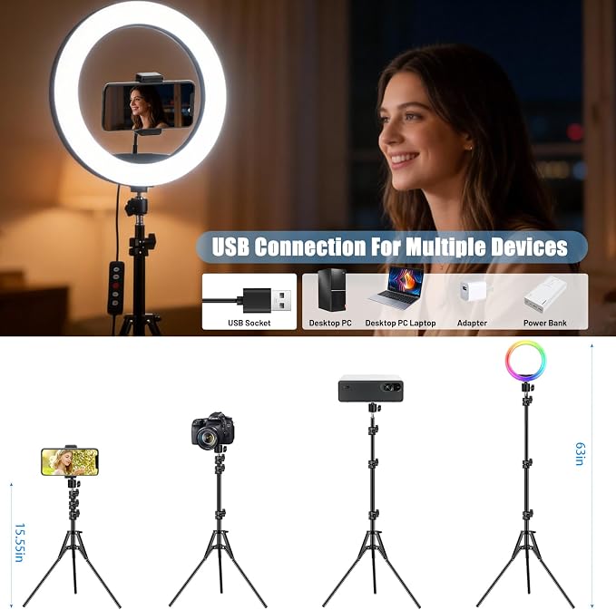 12'' Ring Light with Stand 75'' Tall & Phone Holder, 100+ Color Modes Selfie