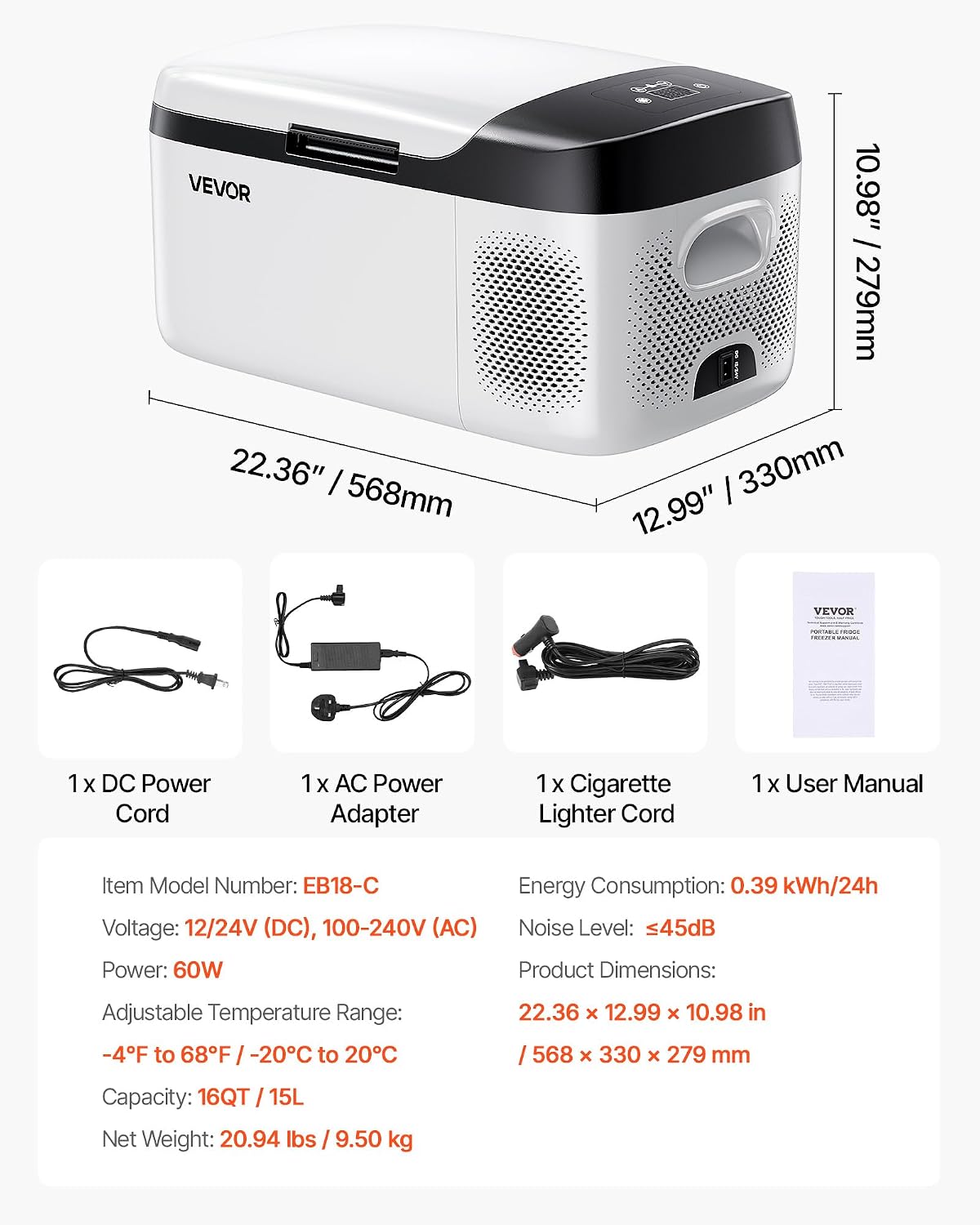 VEVOR Car Refrigerator, DC 12/24V AC100-240V Compressor Electric Cooler, -4°F to 68°F Car Fridge with APP Control, 16 QT Cars Freezer for RVs, Campsites, Boats, Camping, Fishing, 60W Portable Freezer