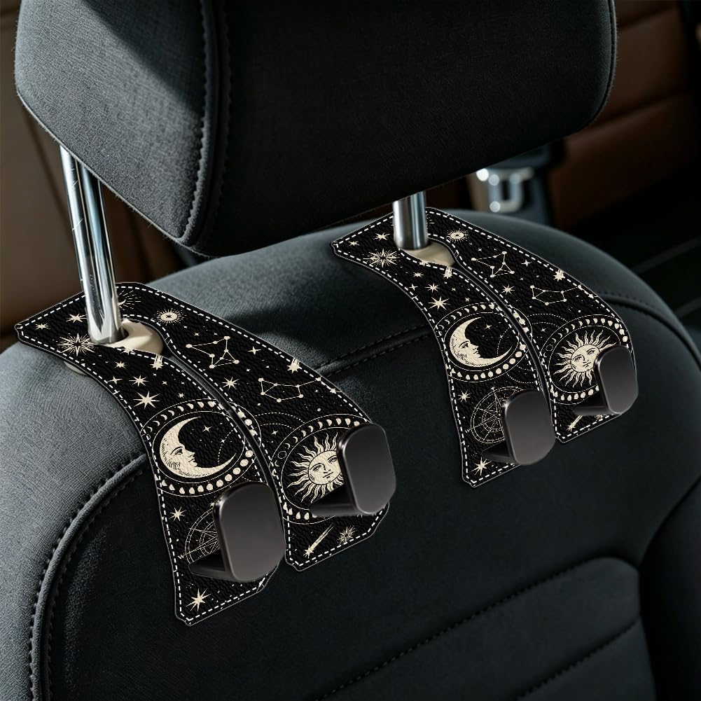 2Pcs Car Purse Hook for Headrest 6.5 x 3.3 Inch Moon Car Hooks Metal Leather Sun Moons Star Pattern Double Hanger Backseat Storage Organizers Accessories for Purse Handbags Bags Umbrellas