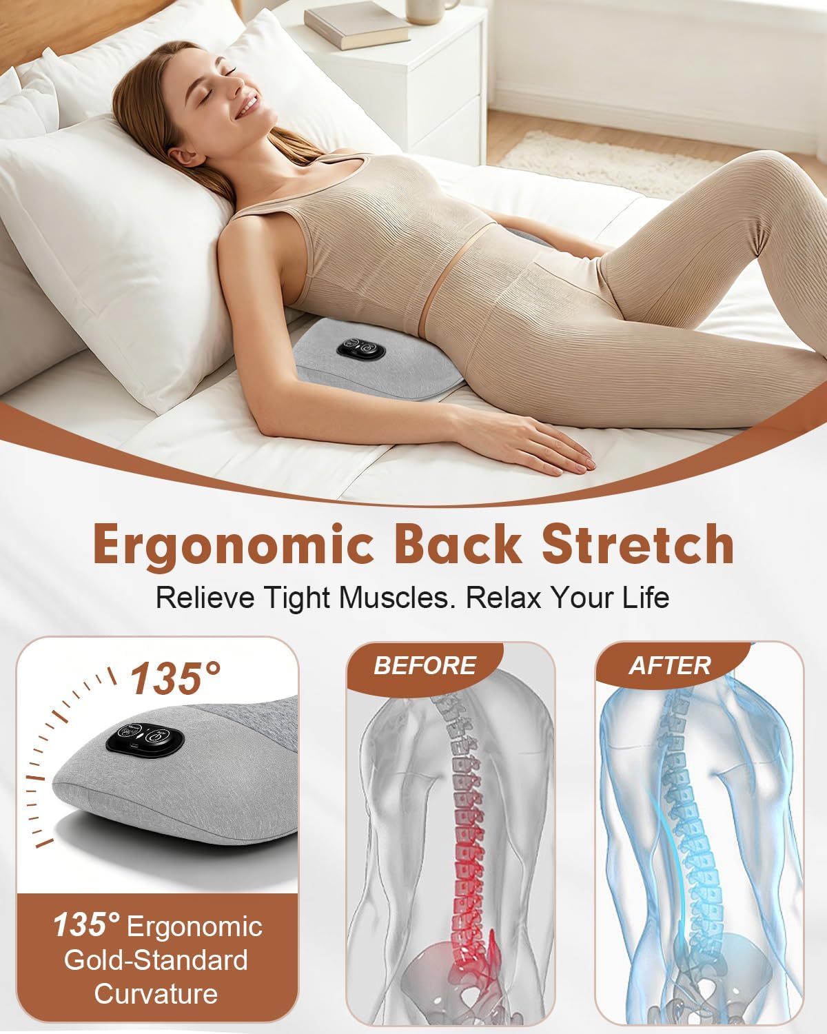 Triple Fusion Back Massager with Heat, Vibration & Air Traction for Sciatica Pain Relief, 3-in-1 Electric Back Massager Pillow, Lumbar Support Pillow for Office Chair and Home,Recliner Use