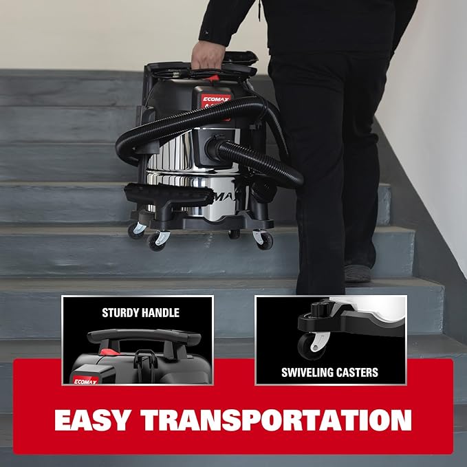 ECOMAX 5 Gallon Ultra Quiet Shop Vacuum Wet and Dry, 4 Peak HP Stainless Steel Shop Vac, Up to 80% Quieter Operation, Durable Long-Life Motor, Portable Vacuum for Garage, Workshop & Jobsite