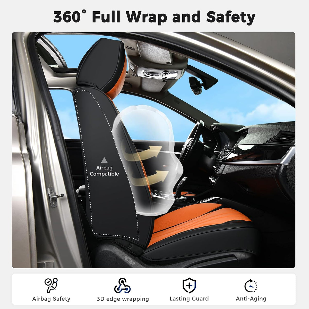 Huidasource Leather Car Seat Covers Full Set 5 Seats, Waterproof Faux Leather Front & Rear Seat Cover with Headrest, Non-Slip Automotive Seat Covers Fit for Most Cars Trucks SUV, Black&Orange