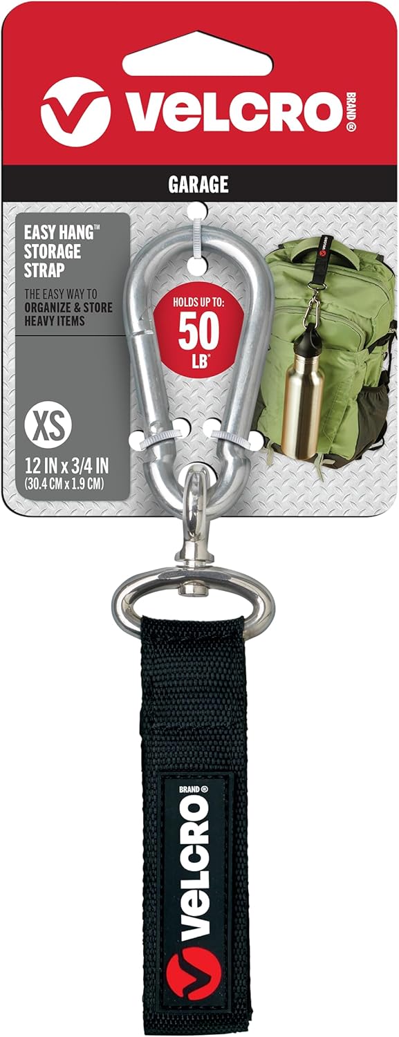 VELCRO Brand Easy Hang Strap - Carabiner Clip for Water Bottles & Accessories | Extra Small, Black