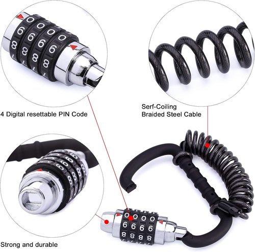 MEETLOCKS Motorcycle Helmet Cable Lock - 4-Digit Combination, Resettable Anti-Theft Design