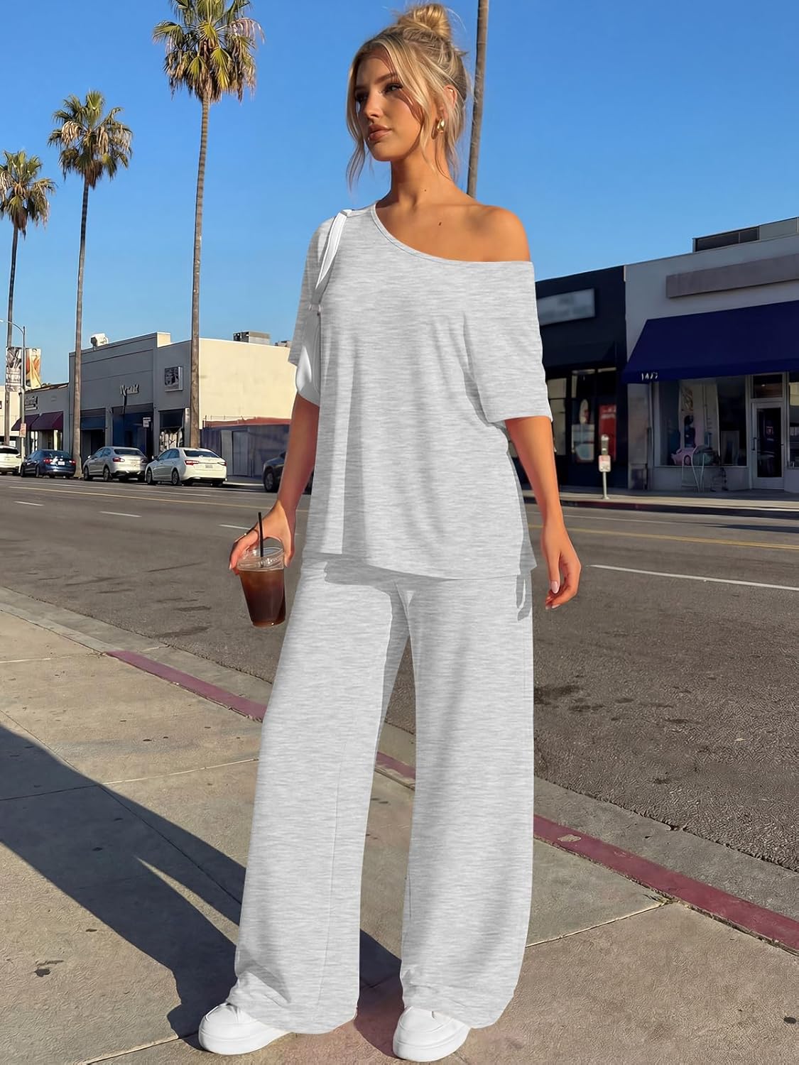 Trendy Queen Women's 2-Piece Lounge Set - Off-Shoulder Oversized T-Shirt & Wide Leg Pants | Casual Travel Outfit