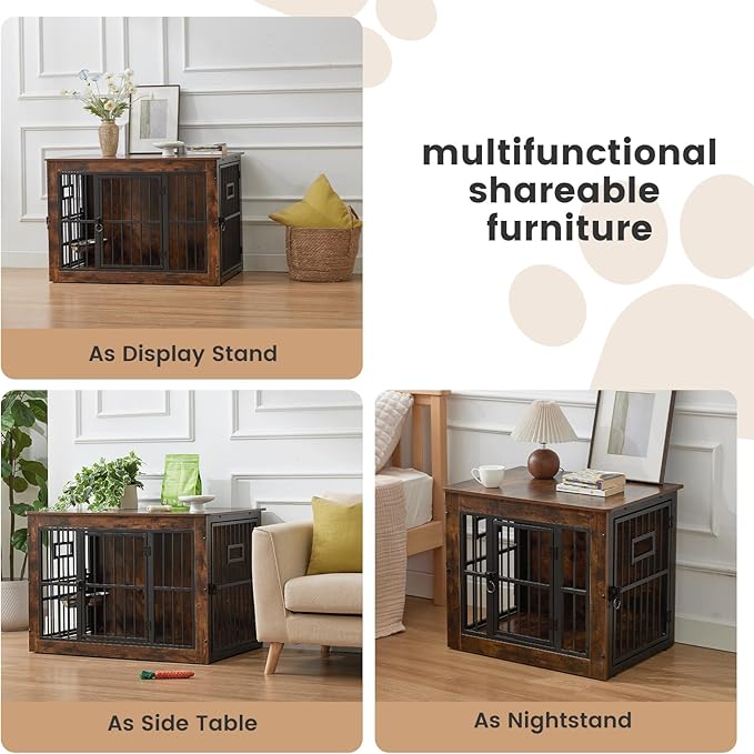 38 Inch Heavy Duty Dog Crate Furniture for Medium Dogs, Decorative Pet House End Table with 3 Doors & Adjustable Bowls, Wooden Cage Kennel Furniture Indoor, Rustic Brown