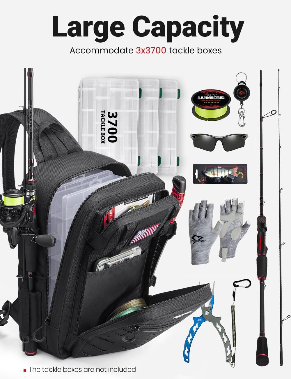 Piscifun Fishing Backpack - Water-Resistant Tackle Bag with 2 Rod Holders & Multi-Compartment Storage
