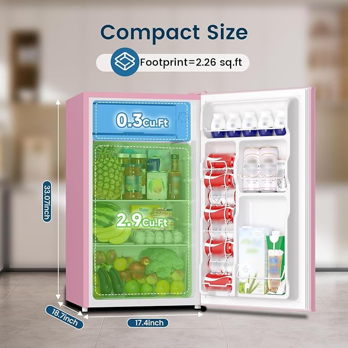 Mini Fridge with Freezer 3.2 Cu.Ft for Bedroom and Office Pink | Single Door, Small Refrigerator, Energy-efficient, Low Noise, Mini fridge for Dorm