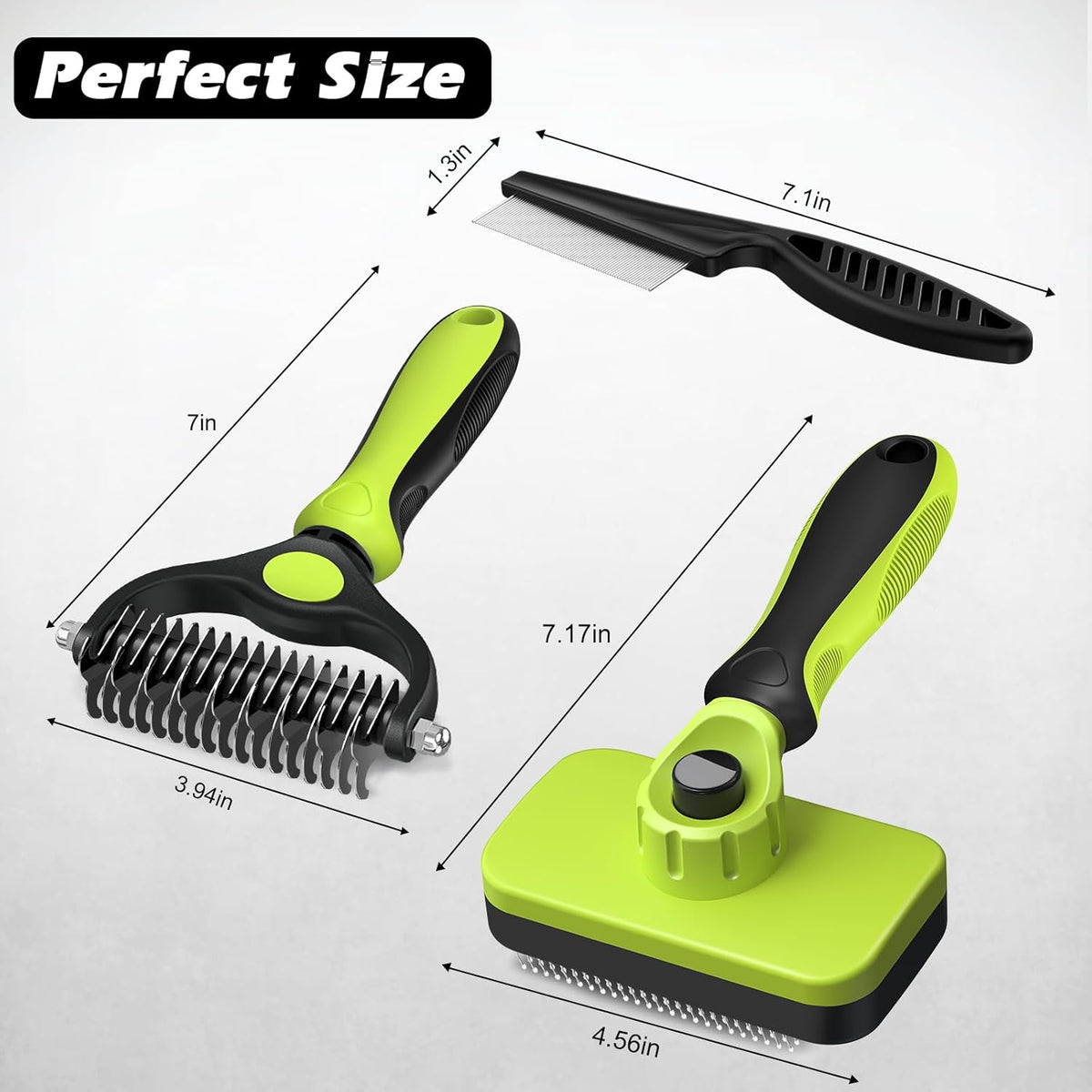 Skiennix Self-Cleaning Slicker Brush Set - Pet Grooming Rake & Flea Comb for Dogs, Cats & Horses | Green