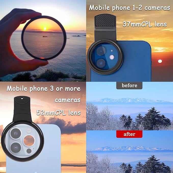 52mm CPL Polarized Phone Camera Lens, Universal Clip On CPL Phone Filter Lens