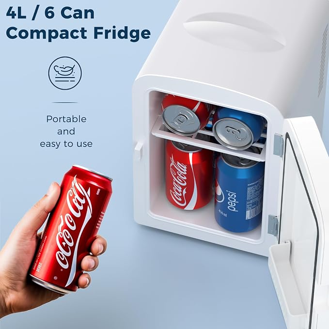 Antarctic Star Compact Refrigerator, Portable Mini Fridge, Skin Care 4L Capacity/6 Cans, for Bedroom, Car, Office & Dorm, Small Cooler for Cosmetics, Magnetic Brushed Stainless Steel Door, White