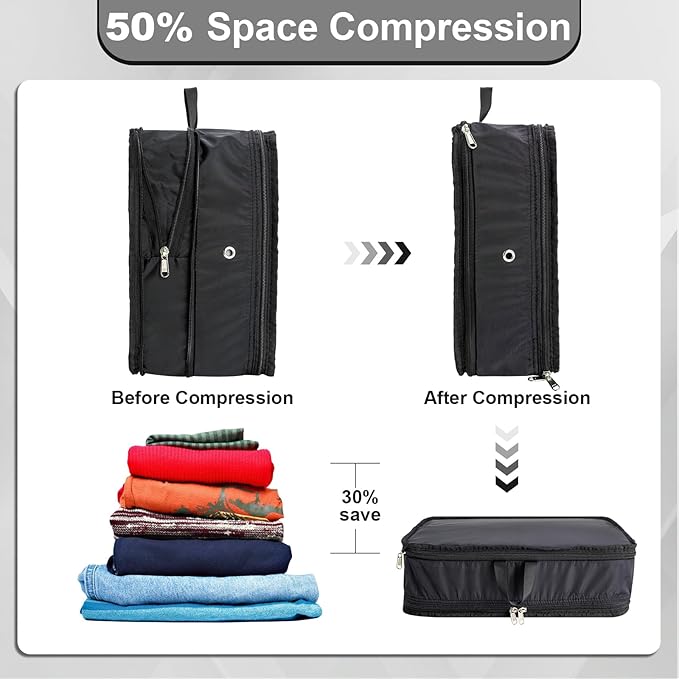 Extra Large Compression Packing Cubes for Travel Essentials, 2 Pack Expandable Travel Cubes for Packing Bags Suitcase Organizer, Black