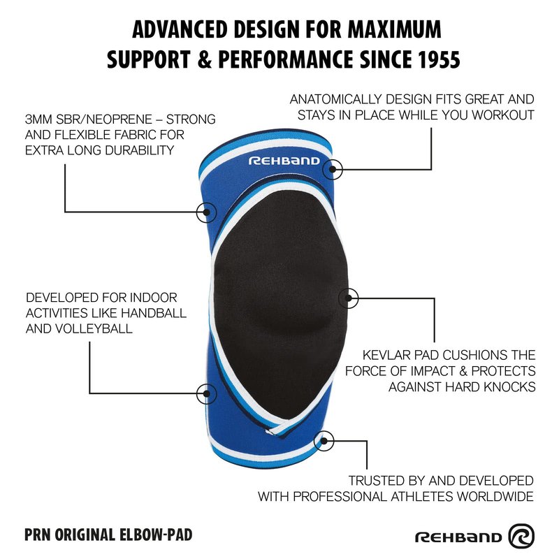 Rehband PRN Elbow Pad for Volleyball & Handball, 3mm Neoprene Elbow Sleeve with Protective Padding, Compression Elbow Support for Men & Women (S-XXL), Colour:Blue, Size:X-Large