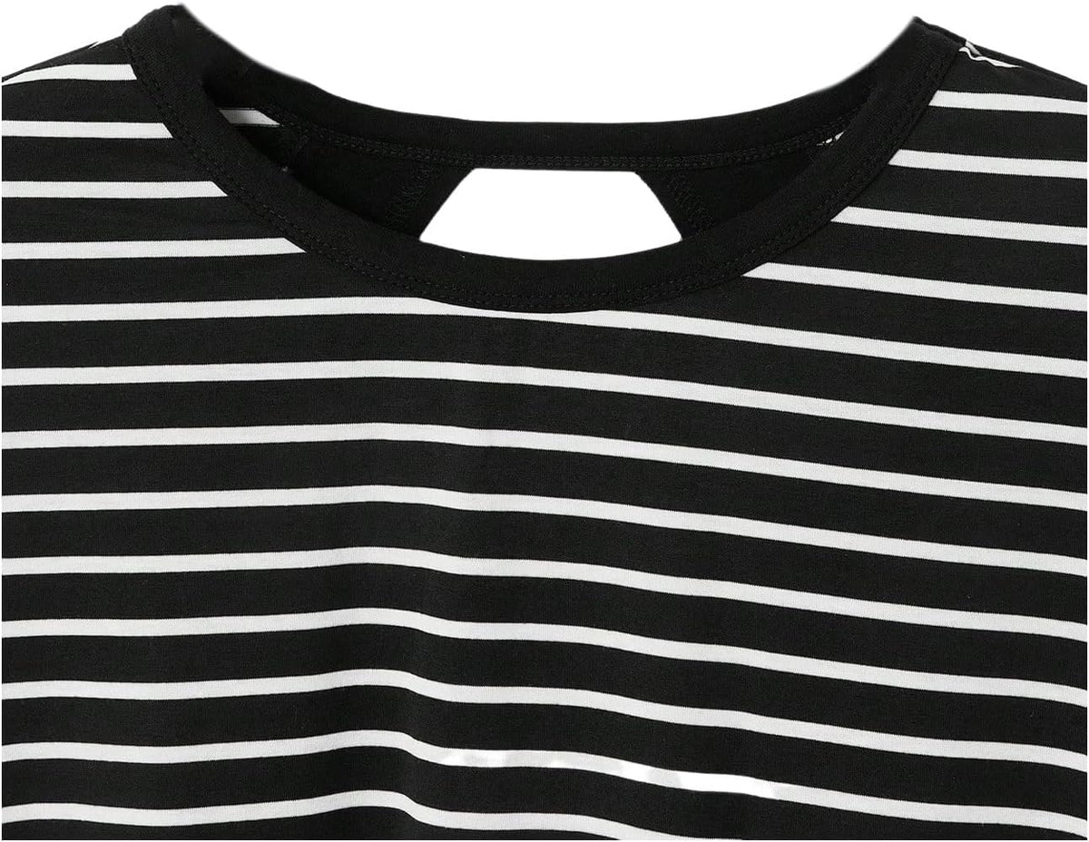WDIRARA Women's Workout T-Shirt - Stripe Open Back Design | Short Sleeve Criss Cross Tee