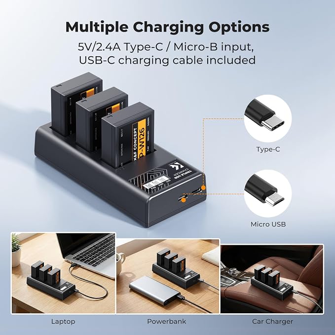 K&F CONCEPT 3-Pack NP-W126 Battery and Upgraded 3-Slot NP-W126S XT30III Battery