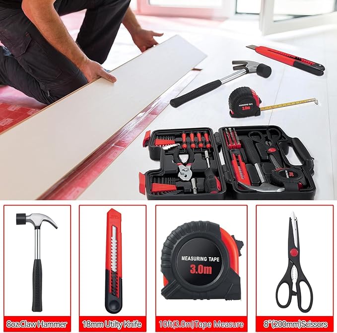 MARTCOLOR 58 Piece Household Tool Set, General Household Hand Tool Kit with Plastic Toolbox Storage Case, All Purpose Household Tool Kit for Home, Garage, Office and College Dormitory Use, Red