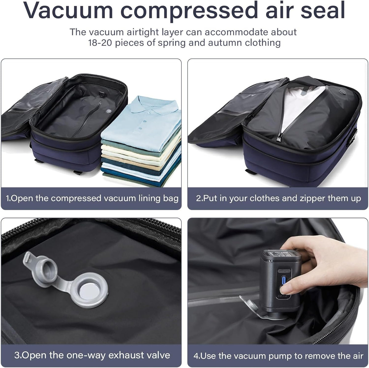 Travel Backpack with Vacuum System,60L Expandable Vacuum Backpack Travel with TSA Lock,17.3 inch Laptop Backpacks Vacpack Backpacks with Vacuum(Blue,External Air Pump)