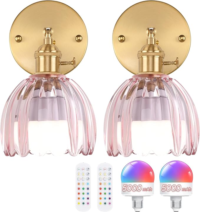 Vintage 5000 mAh Battery Operated Wall Sconce with Pink Clear Tulip Glass Lampshade Rechargeable Battery Powered Wall Light with Remote Control for Bedroom Doorway, Set of 2