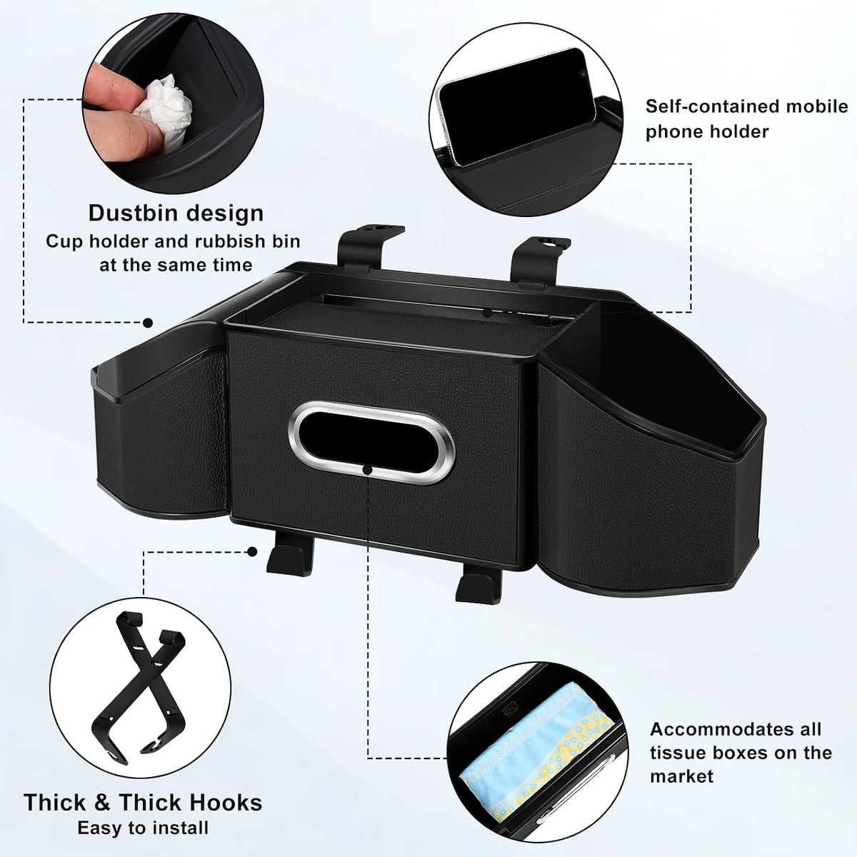 7-In-1 Car Seat Back Organizer with Cup Holders, Tissue Box, Garbage Can&Hooks, Multifunctional Headrest Storage Organizer, Headrest Cup Holder for Backseat, Car Accessories for Trips, Travels(Black)