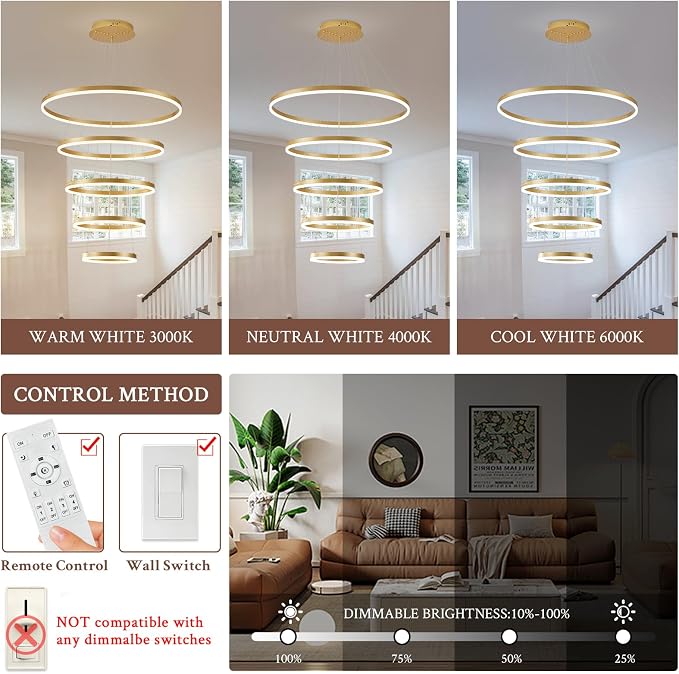 5-Rings D31.5in Modern LED Chandelier Gold Dimmable High Ceiling Chandeliers