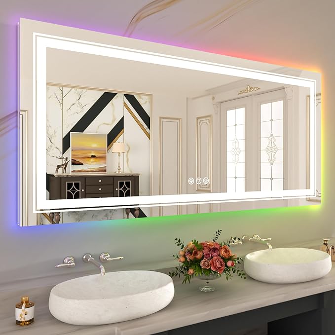 WTTY LED Bathroom Mirror 60"x36" with RGB Backlit and Front Light,Stepless Dimmable LED Mirror for Bathroom,Lighted Bathroom Vanity Mirror,Anti-Fog,Memory Function,Shatter-Proof,Wall Mounted