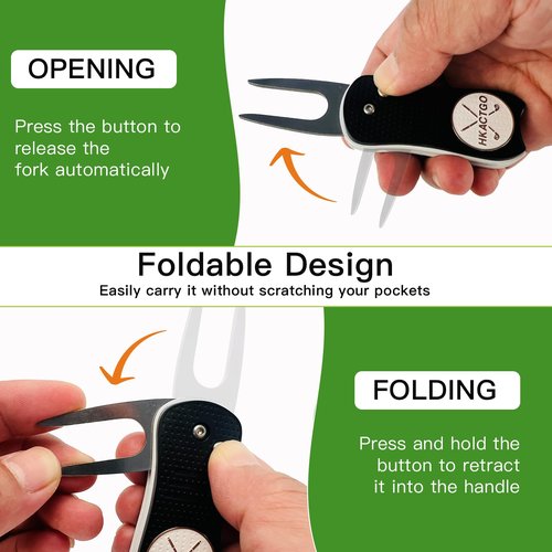 HKACTGO Golf Divot Repair Tool with Premium Metal Gift Box, Heavy Duty 2-Layer Stainless Steel & ABS, Thicker & Harder Prongs, Foldable, Magnetic Ball Marker,Black