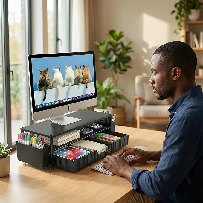 ECOLOVI Desk Organizer and Accessories, 2-Tier Computer Monitor Stand Rise