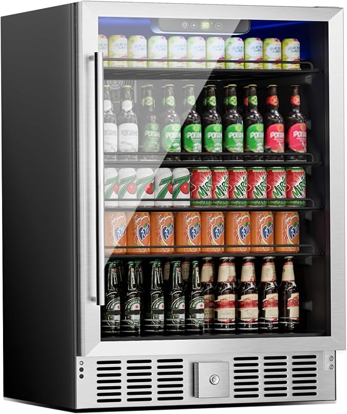 Erivess 24" Fridge 166 Can Wine and Beverage Refrigerator Cooler Glass Door | 5.3 Cu Ft Drink Fridge Large Capacity for Home/Bar with LED Display, Digital Temperature Control, Removable Shelves, Silver