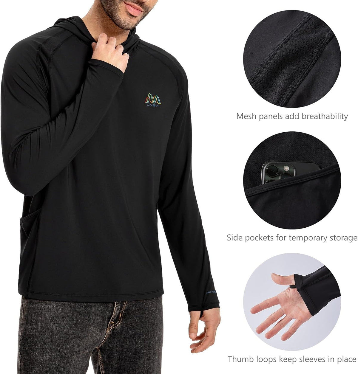 Skiennix Men's UPF 50+ Hoodie - Long Sleeve UV Protection Tee for Outdoor Hiking & Fishing