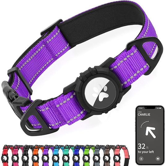 Joytale Airtag Dog Collar, Reflective Pet Collar with Waterproof AirTag Holder, Dual D-Rings, Soft Padded Adjustable for Large Dogs, Purple, L