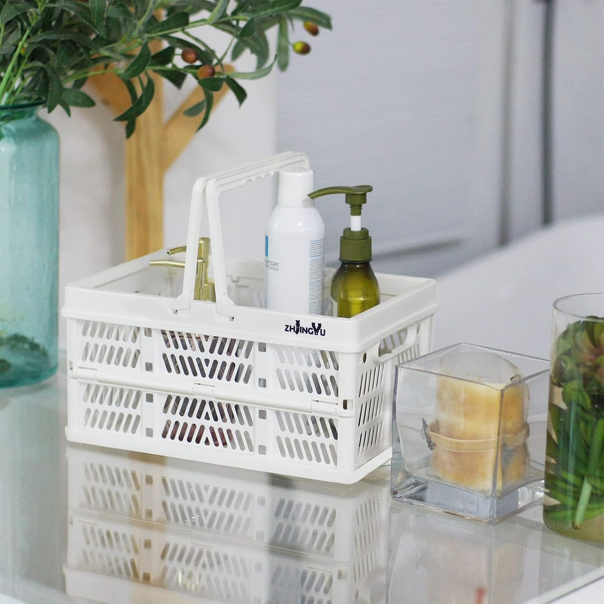 ZHJINGYU crates for storage,plastic baskets for organizing,collapsible shopping basket,foldable crate with Handles,collapsible storage crate,car basket,for Kitchen,Bathroom,Medicine (White, S)