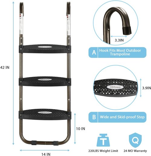 HBTower Trampoline Ladder - 3-Step Skid-Proof Design | UV Treated Steel, 220Lbs Capacity for Kids