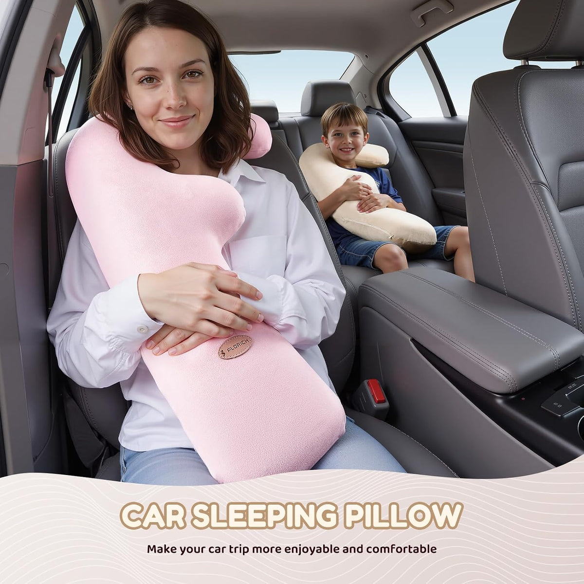 FLORICH Memory Foam Kids Travel Pillow, Car Sleeping Pillow, F-Shape Car Pillows for Adults and Children, Traveling Car Pillow for Kids with Removable Pillowcase (Dark Pink)