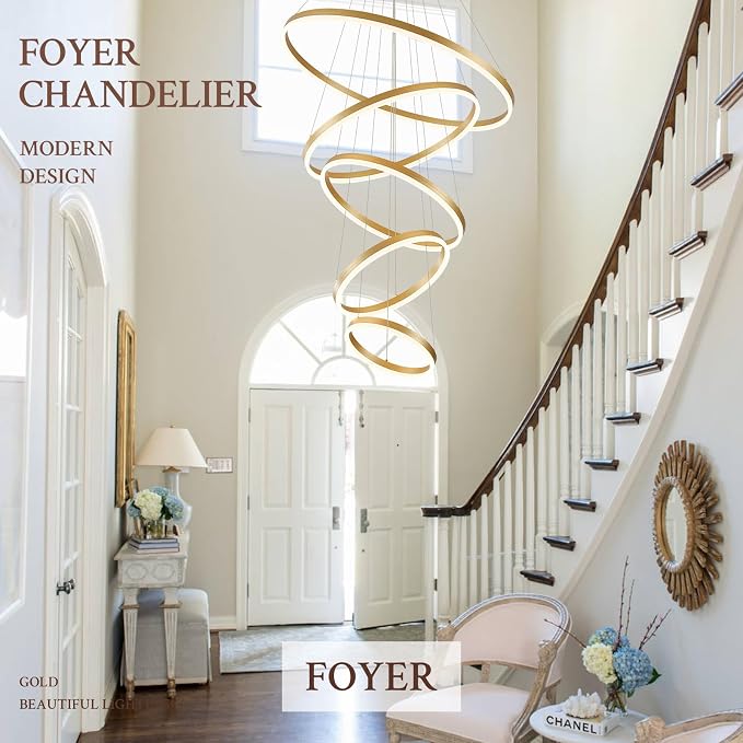 5-Rings D31.5in Modern LED Chandelier Gold Dimmable High Ceiling Chandeliers