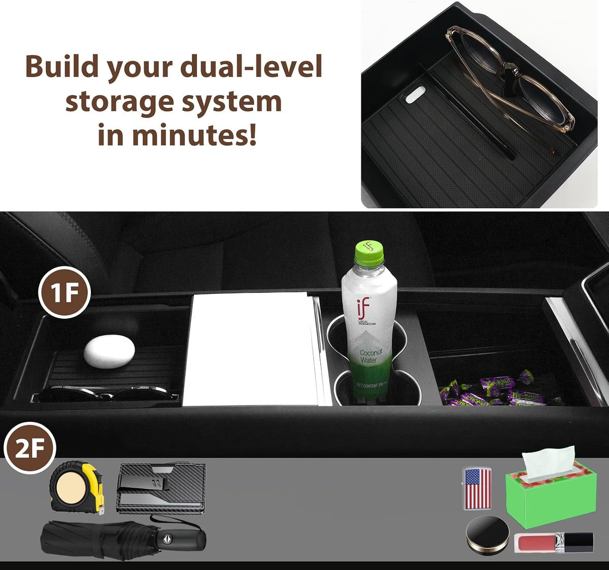 Center Console Organizer Tray for Tesla Model Y Juniper Accessories 2025 2026 and Model 3 Highland Accessories 2024 2025 2026 for Tesla Accessories Cup Holder Matte Black (3PCS)